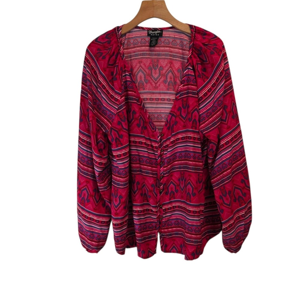 Wrangler‎ Retro Western Blouse Red Aztec Boho Button Front Long Sleeve XL